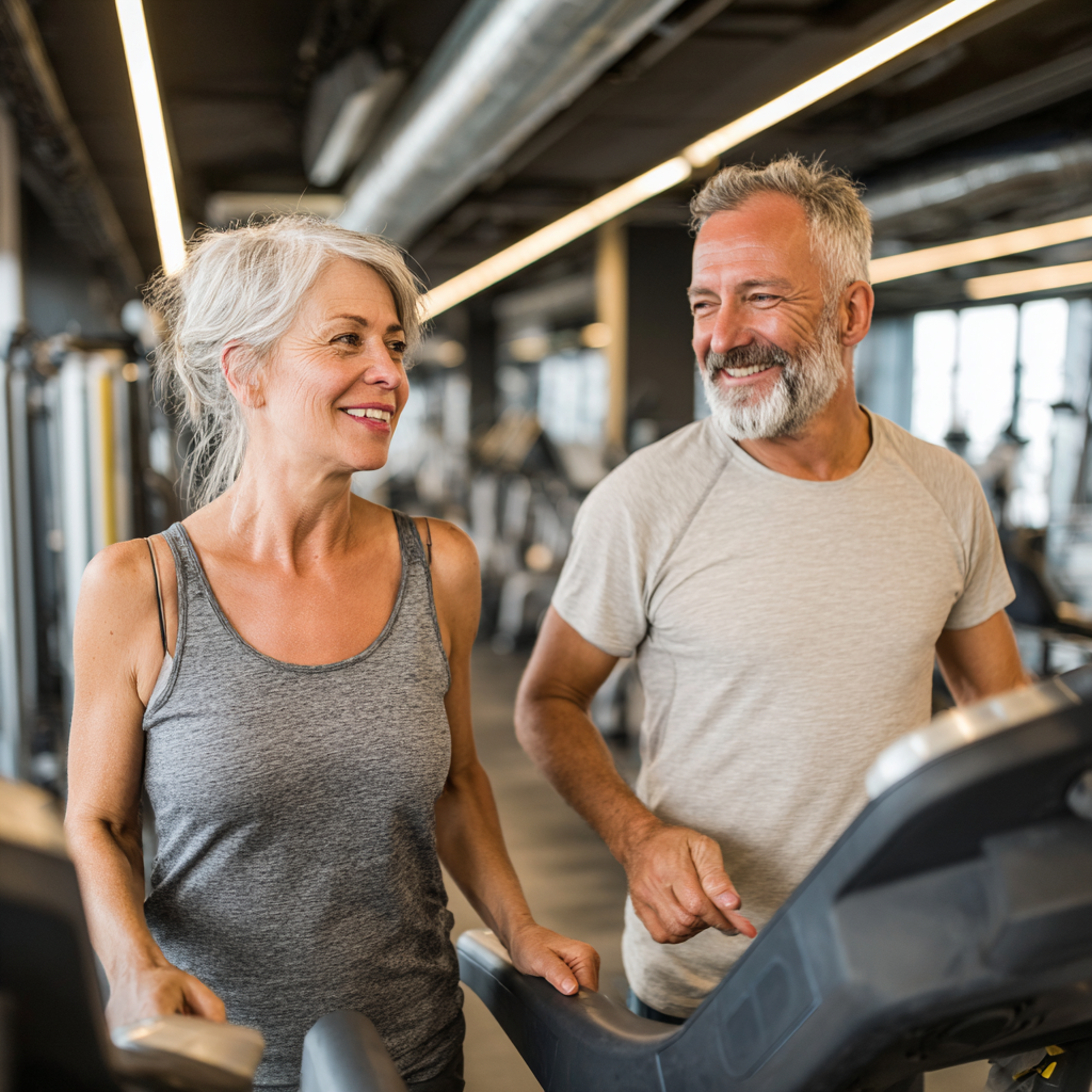 Active middle-aged couple exercising together in modern fitness environment