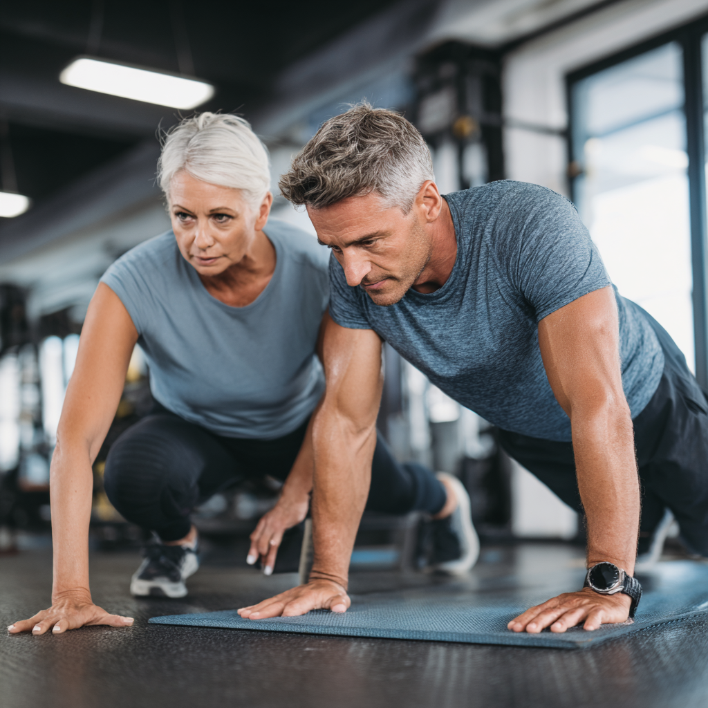 Experienced fitness coach helping middle-aged client with exercise technique