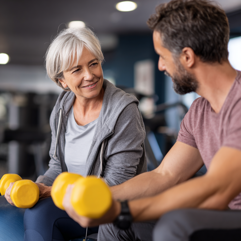 Professional trainer working with mature adult in comfortable fitness setting